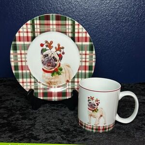 Festive Plaid Pug Plate and Mug Set